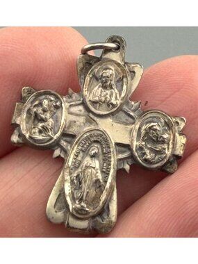 Vintage Catholic Cross Pendant 4-Way Medal Sterling Silver St Christopher St Jos